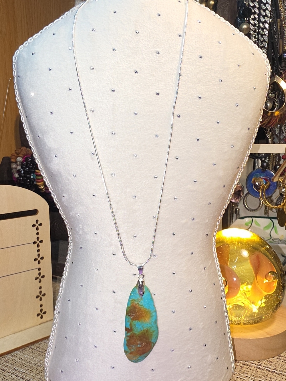 Turquoise Stone Pendant Necklace - Silver Plated Chain
